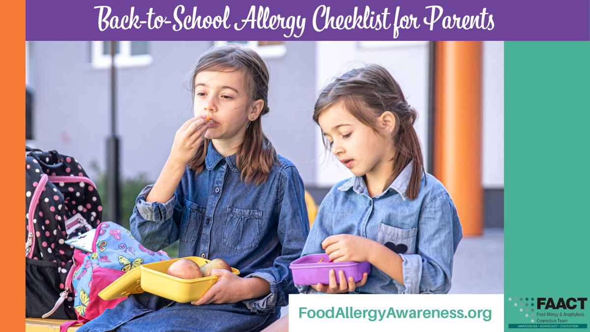 Two young girls eat their packed lunches text reads back to school allergy checklist for parents